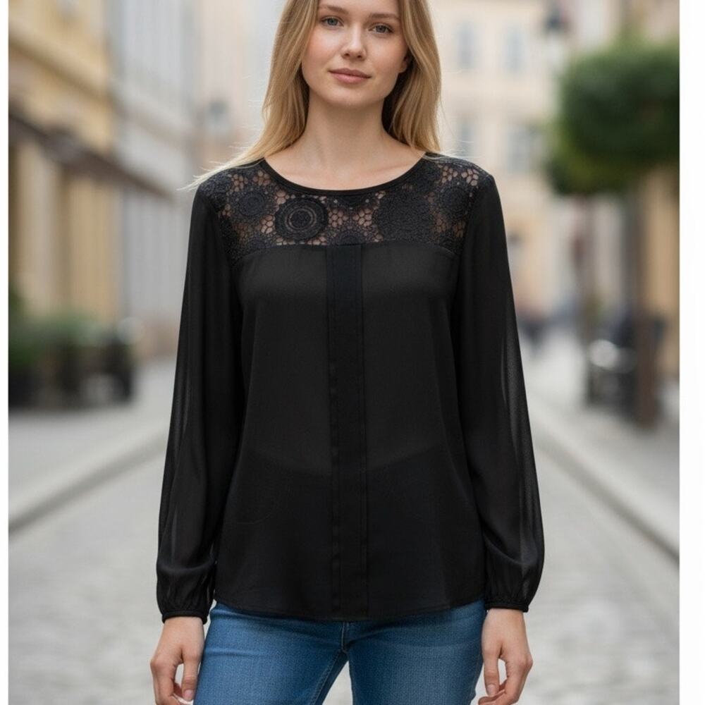 41 Hawthorn Top Womens M Black Chiffon Lace Semi Sheer Relaxed Blouse Whimsygoth